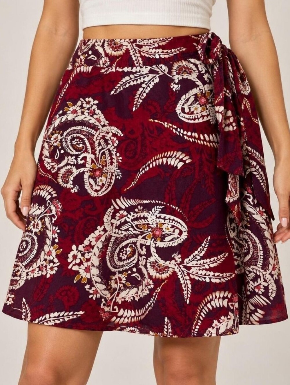 Talbots red and plum silk paisley wrap skirt with a side tie for easy wear